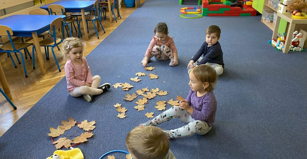 dzieci siedząc na dywanie segregują liście rozsypane na dywanie - na duże i małe.